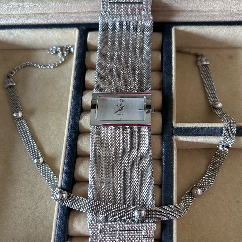 Anne Klein Silver Diamond Quartz Watch and Silver Mesh Choker Set.